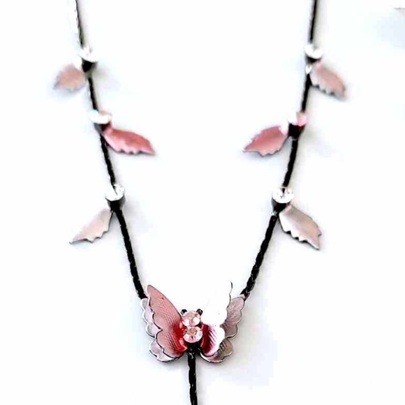 Vintage Romantic Pink Butterfly Leaf Flower Rhinestones Crystals Necklace Set - Picture 4 of 7